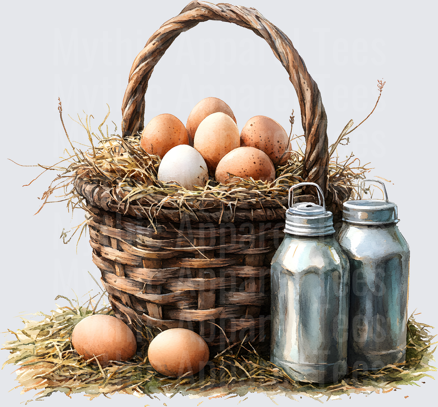 Farm Life and Farm Animals Rustic Egg Basket with Milk Jugs and Hay