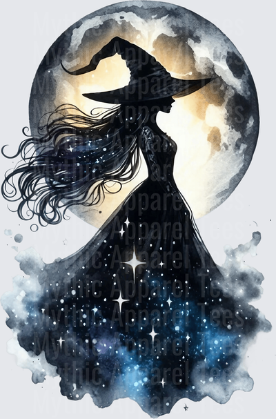 Halloween Gothic Witches Silhouette Full Moon Galaxy Dress Watercolor