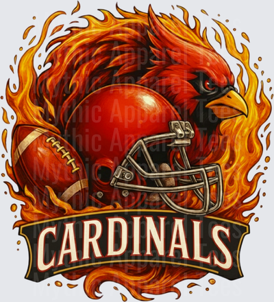 Fierce Flaming Cardinals Bird Mascot with Football Helmet and Ball Fire Banner Logo