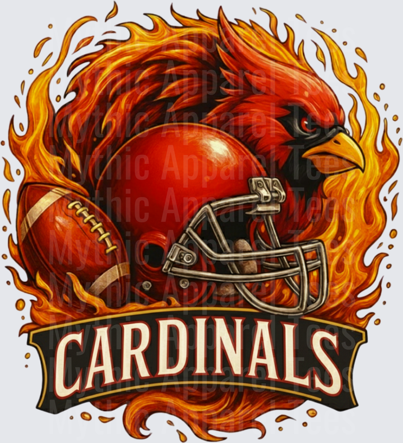 Fierce Flaming Cardinals Bird Mascot with Football Helmet and Ball Fire Banner Logo