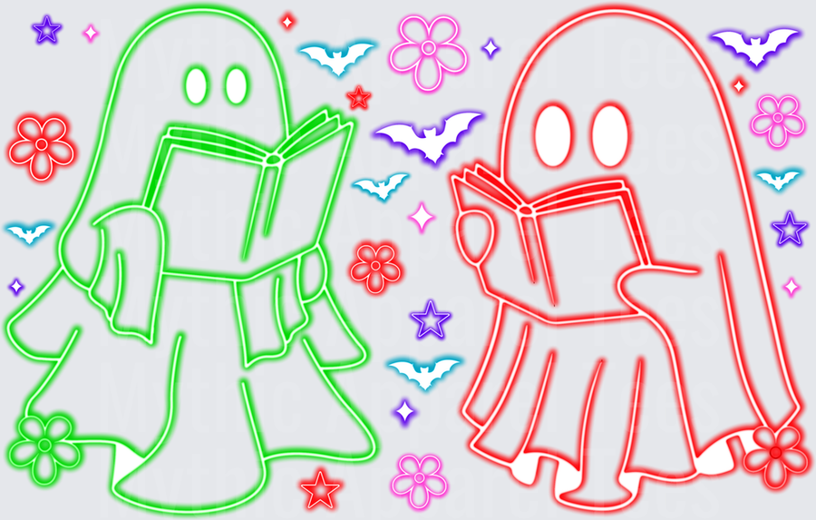 Halloween Neon Ghost Duo Reading Books with Bats Flowers