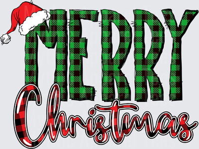 Merry Christmas Green and Red Buffalo Plaid Letters with Santa Hat Holiday Design