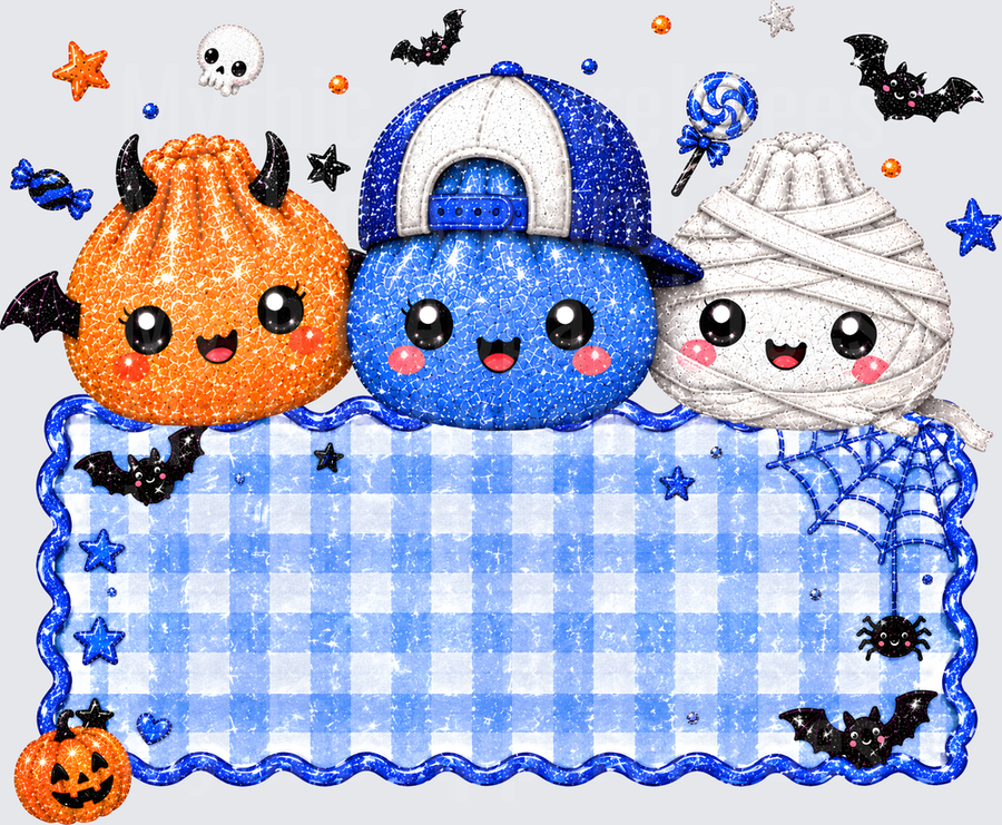 Dumplings Glitter Kawaii Halloween Trio Devil Bat Snapback Mummy Blue Gingham Name Banner with Bats Stars Spider Jack-O-Lantern