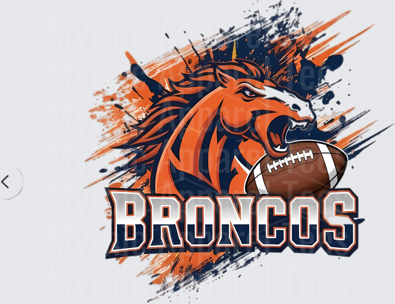 Broncos Fierce Wild Horse Mascot with Football Orange Navy Blue Grunge Splatter