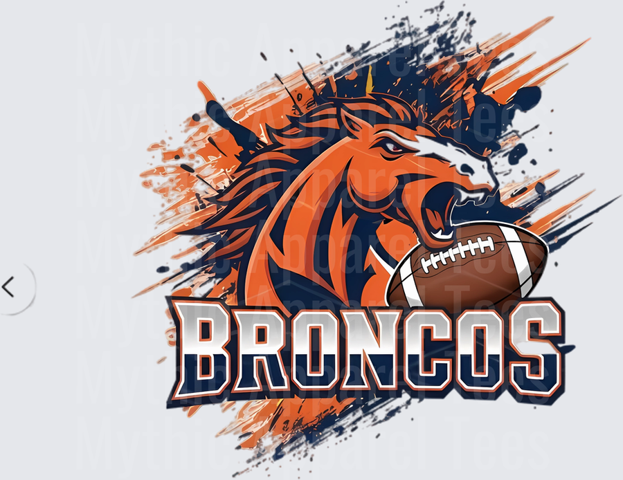 Broncos Fierce Wild Horse Mascot with Football Orange Navy Blue Grunge Splatter