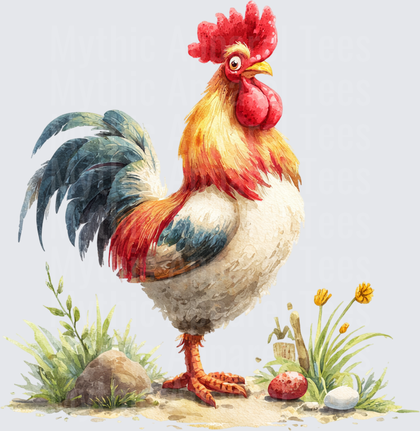 Watercolor Rooster Standing in Garden with Eggs and Wildflowers