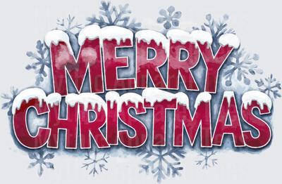Merry Christmas Bold Snow-Capped Red Letters with Blue Watercolor Snowflakes