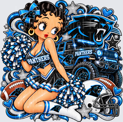 Betty Boop Carolina Panthers Cheerleader with Jeep Helmet and Football Glitter Fan Design