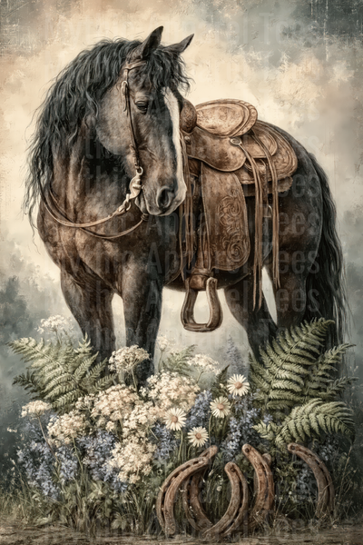 Dark Friesian Horse With Ornate Western Saddle Wildflowers Ferns And Rustic Horseshoes Vintage Painting Style