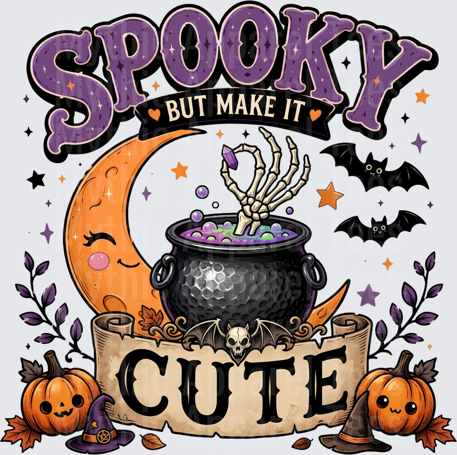 Spooky But Make It Cute Halloween Crescent Moon Witch Cauldron Skeleton Hand Crystal Pumpkins Bats Purple Stars Design