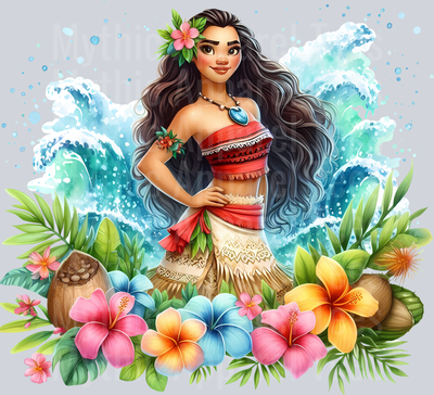 Moana with Flowers and Wave Disney Moana DTF Moana Transfers