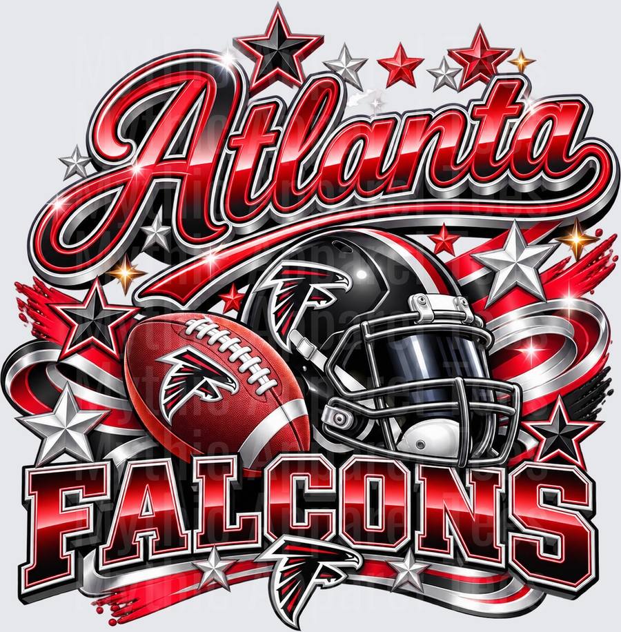 Gradient Polished Style NFL Atlanta Falcons Bold Script with Helmet Football and Stars Red Black Silver Burst Design