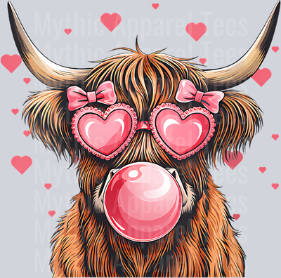 212 Womens Highland Cow Pink Bubble Gum Sunglasess Valentines Day Girls V-Neck T-Shirt