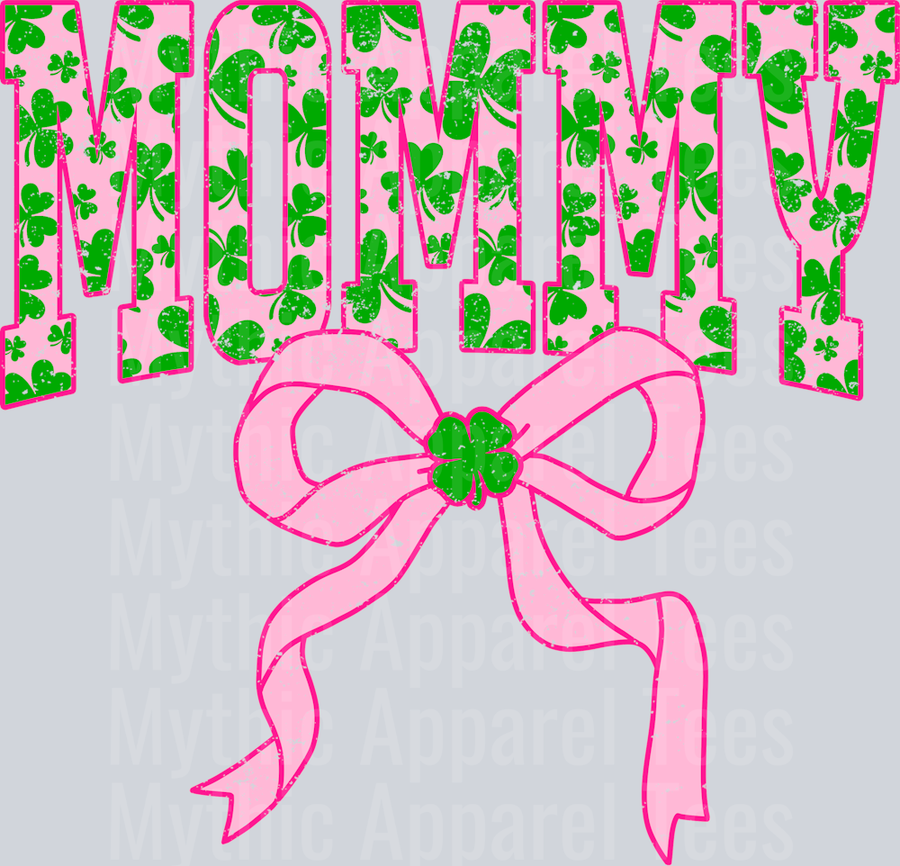 Pink Shamrock Mommy Bow St Patrick's Day College Font Floral and shamrock pattern