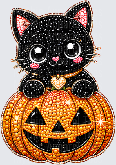 Halloween Bling Sparkly Kawaii Black Cat Sitting on Glittery Jack-O-Lantern with Heart Charm Collar