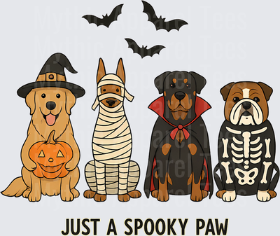 Just A Spooky Paw Halloween Dogs in Costumes Golden Retriever Witch Mummy Rottweiler Vampire Bulldog Skeleton with Bats and Jack-o-Lantern