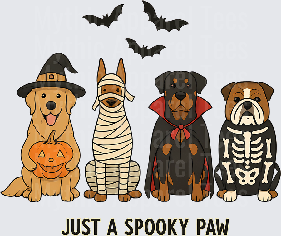 Just A Spooky Paw Halloween Dogs in Costumes Golden Retriever Witch Mummy Rottweiler Vampire Bulldog Skeleton with Bats and Jack-o-Lantern