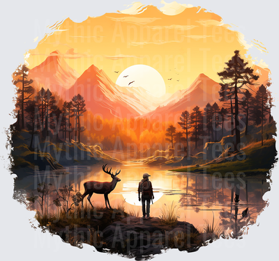 Hiker and Buck Deer by Mountain Lake at Golden Sunset with Pine Trees and Soaring Birds