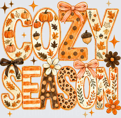 Fall Designs Cozy Season Patterned Letters with Pumpkins Acorns Maple Leaves Bows Leopard Print Floral Autumn Typography