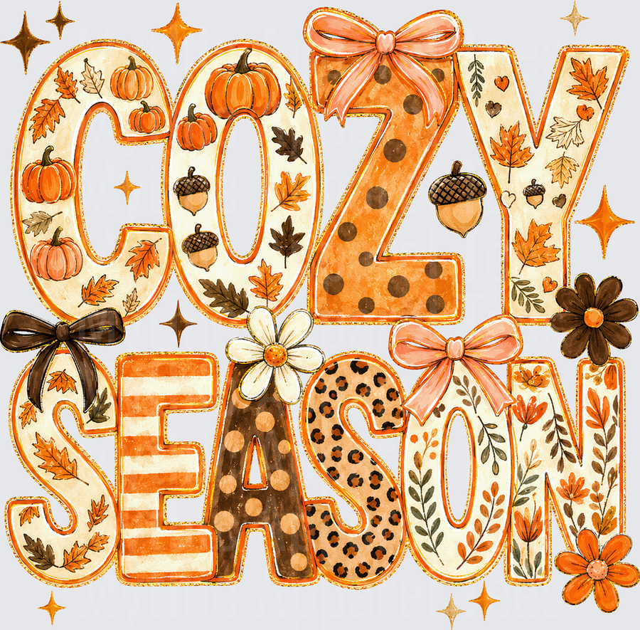 Fall Designs Cozy Season Patterned Letters with Pumpkins Acorns Maple Leaves Bows Leopard Print Floral Autumn Typography