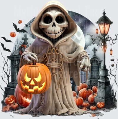 Halloween Gothic Witches Skeleton Reaper Holding Jack-O-Lantern in Moonlit Graveyard