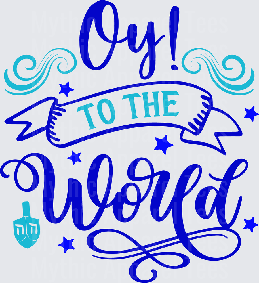 Oy To The World Hanukkah Hand Lettered Script with Dreidel and Stars Blue Teal Holiday Design