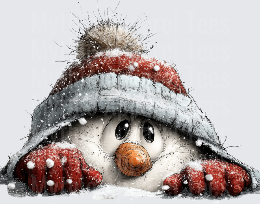 Cute Snowman Peeking Over Edge With Red Mittens And Snowy Pom Pom Beanie