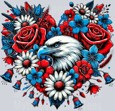 Rose heart with eagle patriotic red white and blue print 3 DTF Patriotic Transfers