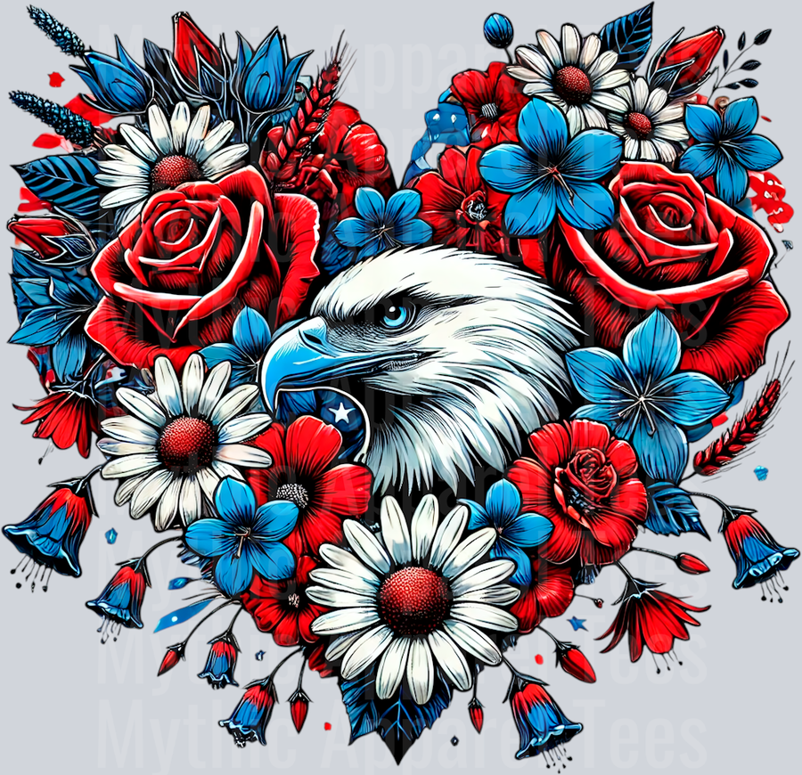 Rose heart with eagle patriotic red white and blue print 3 DTF Patriotic Transfers