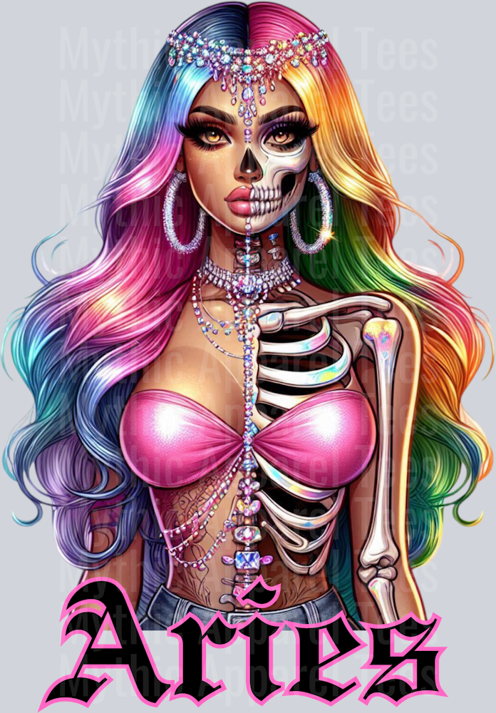 Aries Glam Skull Girl Horoscope DTF Zodiac Sign Transfers
