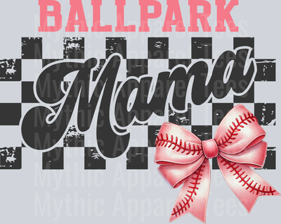 Ballpark Mama Checker and pink letters pink bow DTF Baseball Transfers