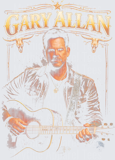 Gary Allan Acoustic Guitar Portrait with Longhorn Western Logo Vintage Halftone Design