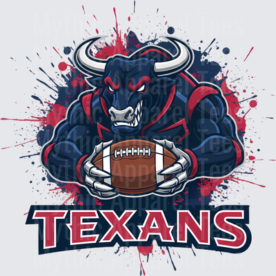 Texans Fierce Bull Mascot Holding Football with Red and Navy Paint Splatter