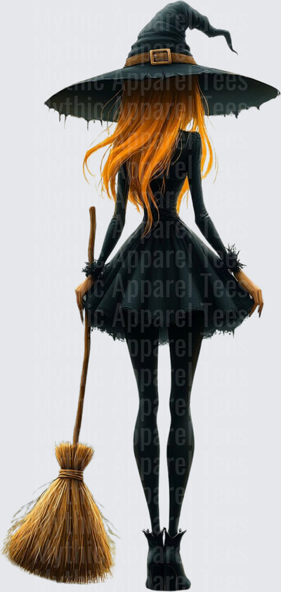 Redhead Witch Back View Black Dress Tattered Hat Holding Broomstick Halloween