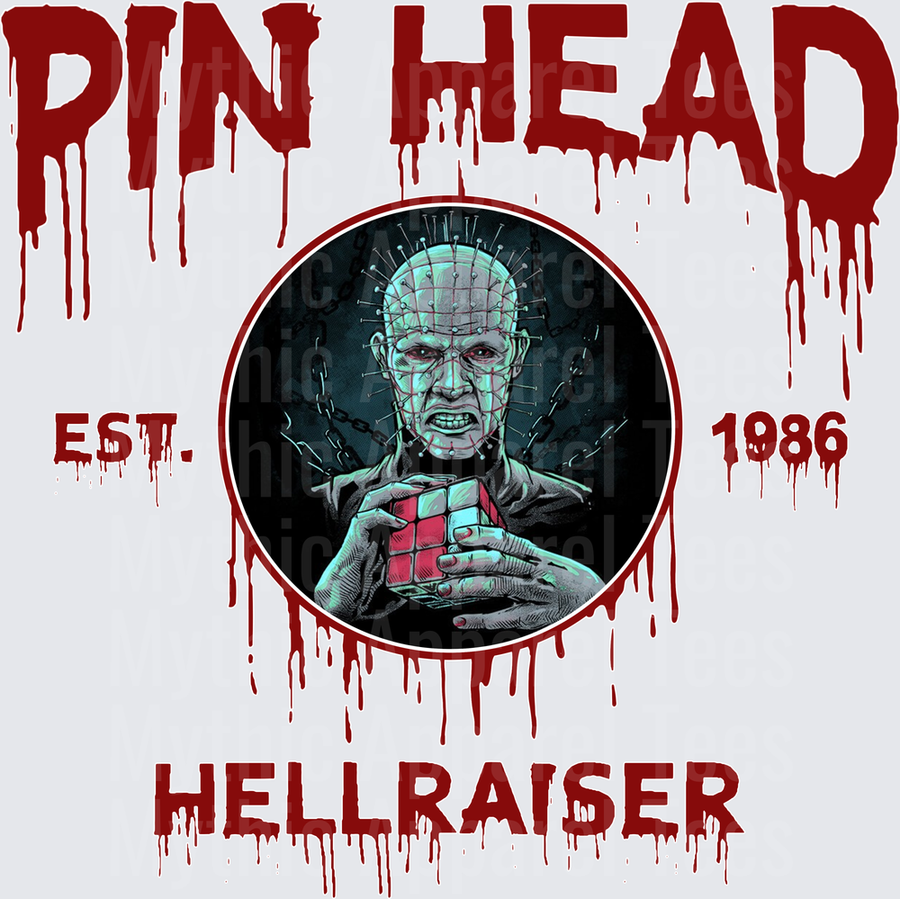 Pinhead Hellraiser Est. 1986 Horror Icon Holding Puzzle Box Bloody Drip Text Graphic