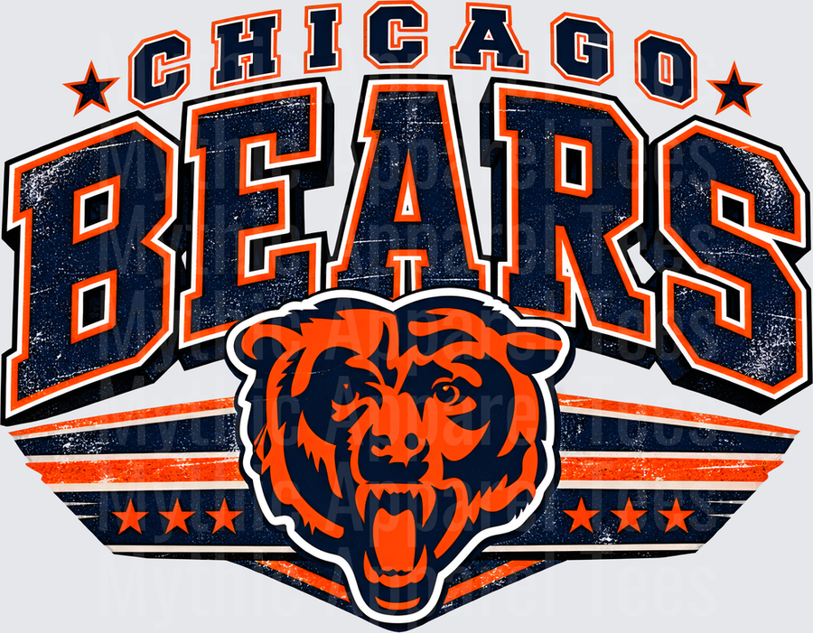 Chicago Bears NFL Vintage Distressed Bold Lettering with Growling Bear Mascot Logo Stars and Stripes Navy Orange Retro Fan Design