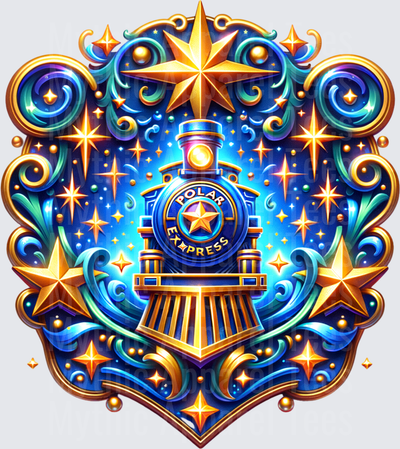 Polar Express Magical Christmas Train Ornate Badge with Gold Stars and Blue Swirls Holiday Design