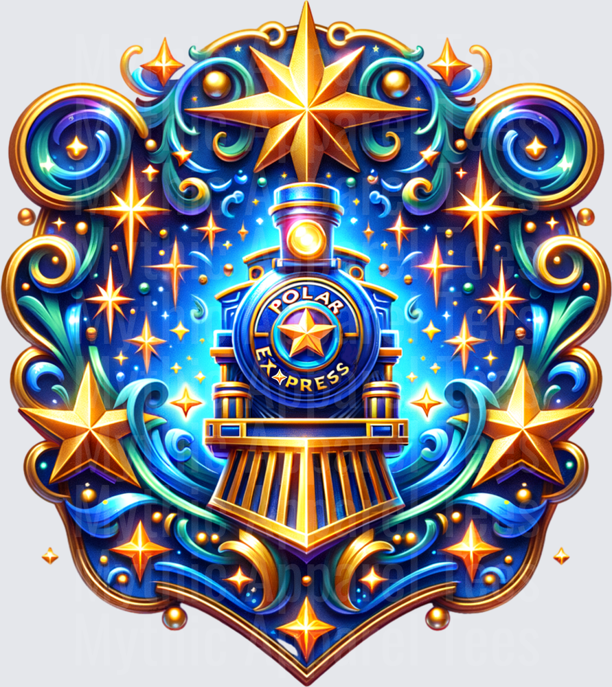 Polar Express Magical Christmas Train Ornate Badge with Gold Stars and Blue Swirls Holiday Design