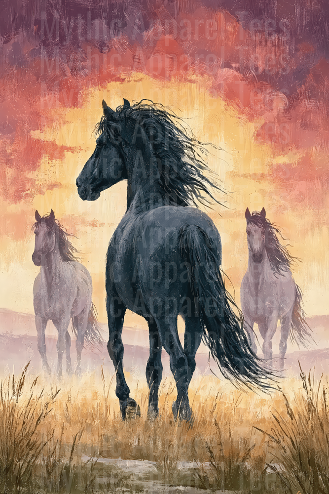 Majestic Black Stallion Leading Wild Horses Through Prairie at Fiery Sunset