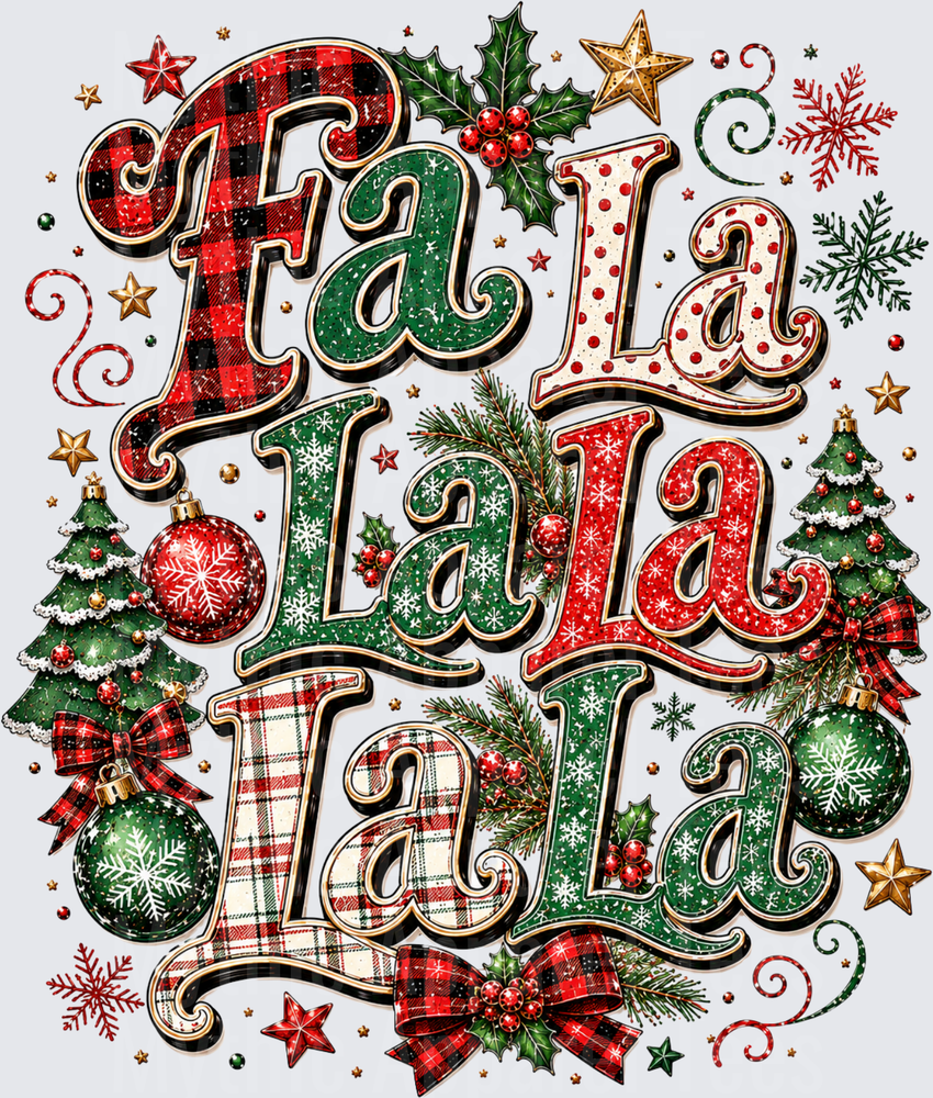 Fa La La La La La La La La Buffalo Plaid Plaid Christmas Holiday Festive Typography with Holly Ornaments and Snowflakes