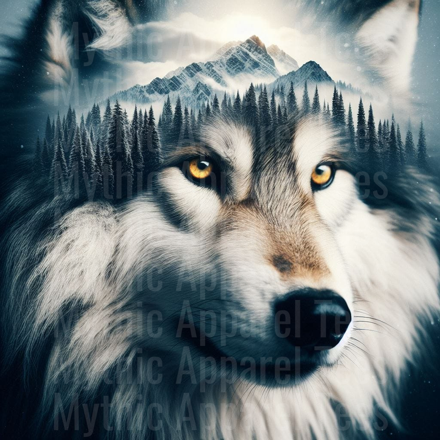 Majestic Wolf Double Exposure with Snow-Capped Mountain Peak and Pine Forest Wilderness