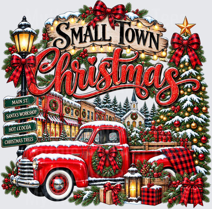Christmas Small Town Holiday Scene Vintage Red Truck Buffalo Plaid Bows Snow-Covered Trees Street Sign Main St