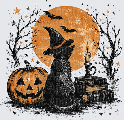 Halloween Black Cat Witch Hat Moon Pumpkin Candle Books Bats