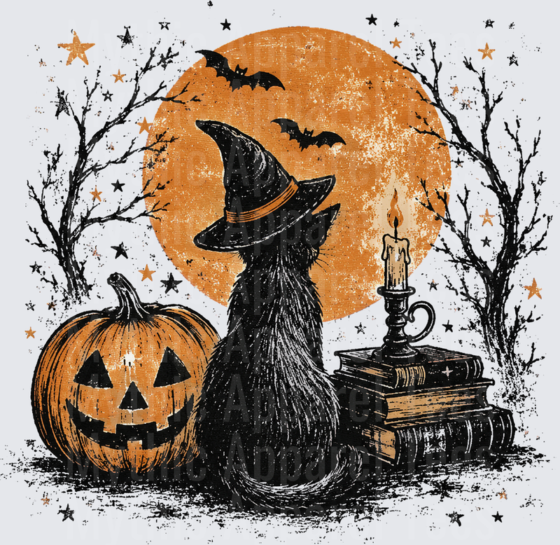 Halloween Black Cat Witch Hat Moon Pumpkin Candle Books Bats