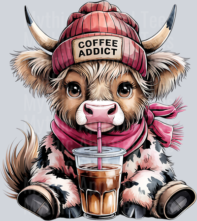 Coffee Addict Highland Cow with Coffee DTF Highland Cow Transfers