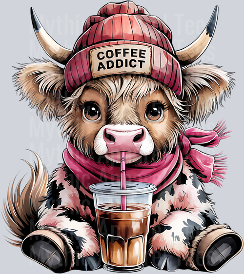 Coffee Addict Highland Cow with Coffee DTF Highland Cow Transfers