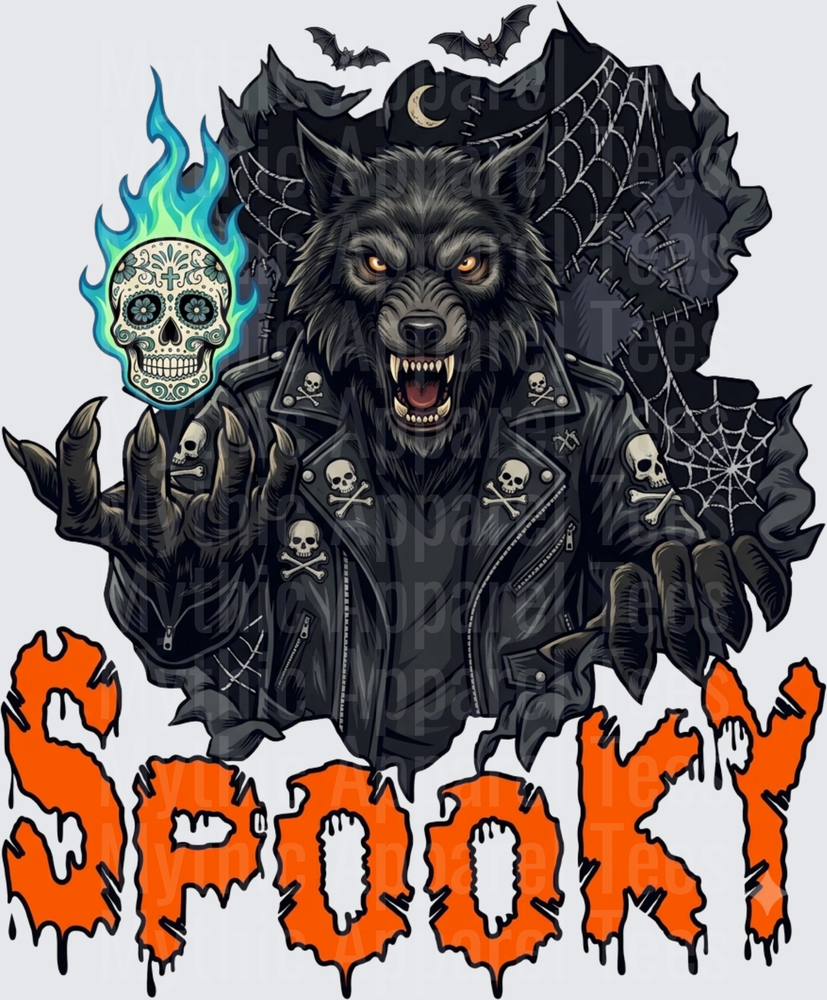 Spooky Werewolf in Skull Leather Jacket Holding Flaming Sugar Skull with Bats and Spider Webs Halloween