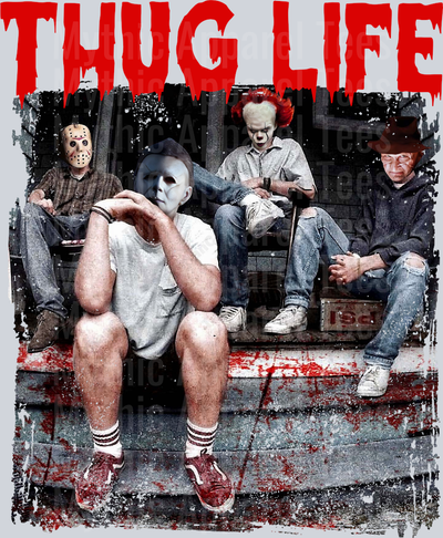 Red Dripping Letters on Bloody Stairs THUG LIFE Freddy Krueger Jason Vorhees Michael Myers Pennywise Frankenstein Gangster Pose Horror Movie DTF Thug Life Transfers