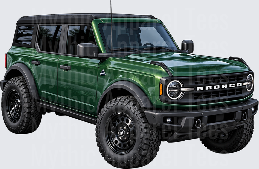 Green Bronco 4-Door Ford Bronco Lifted Off-Road SUV Illustration in Dark Green with Black Wheels and All-Terrain Tires