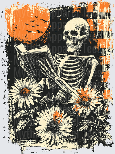 Distressed Halloween Skeleton Reading Book Surrounded by Daisies with Orange Moon and Bats